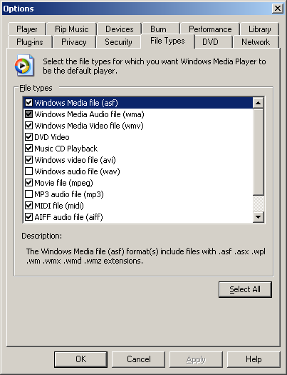 Select the file types for which you want Windows Media Player to be the default player
